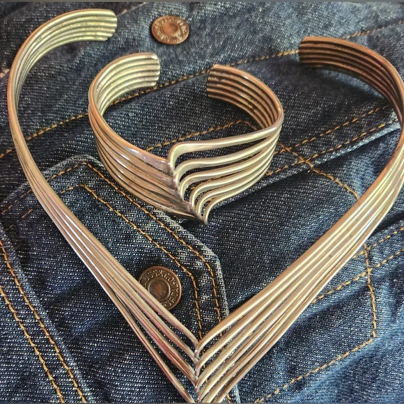 VTG 70's THE WAVE Silver Choker 14" Modernist Boho Neck 7" Wrist Cuff Set - Picture 7 of 8